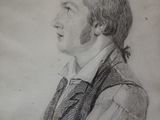 a drawing of a man in a vest and tie looking up