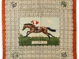 a close up of a horse and jockey on an orange background