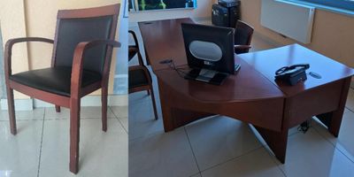 two pictures of a desk and a chair in a room