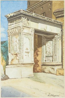 une illustration représentant une aquarelle d'un bâtiment avec une entrée