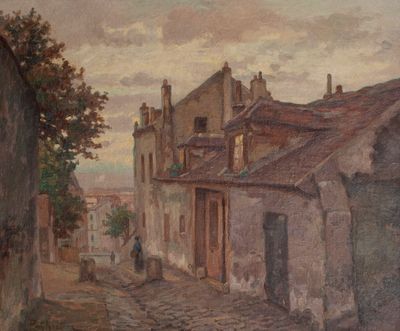 a painting of a man walking down a cobblestone street