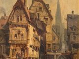 tableau représentant une scène urbaine traversée par une rivière