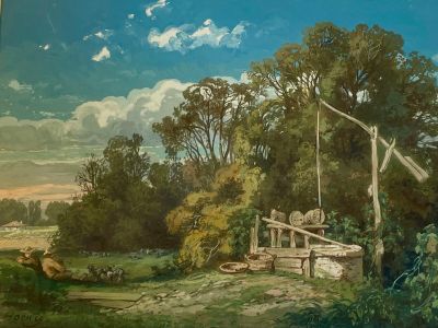 a painting of a painting of a farm scene with cows