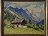 an oil painting of a mountain scene with a barn in the foreground