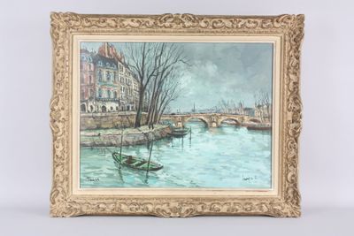 une peinture à l'huile représentant une scène de rivière avec un bateau dans l'eau