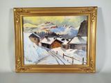 une image représentant un tableau d'un village de montagne, dans un cadre doré