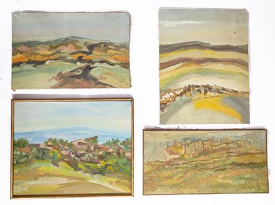 four paintings of a landscape are hanging on a wall