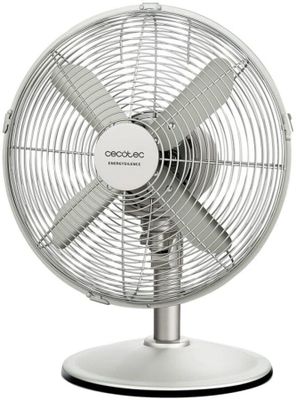 a white table fan on a stand with a white background