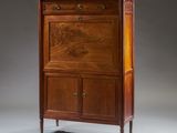 an antique wooden cabinet with marble top and drawers