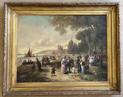 painting of a group of people walking on a beach near a body of water