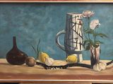 a painting of a vase, lemons, and garlic on a table