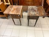 two wooden tables that are sitting on a tile floor