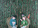 painting of two people sitting in wicker chairs in front of a tree