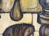 a painting of bread, pears, and a blender on a counter