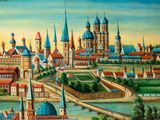 painting of a view of a city with a river and a bridge