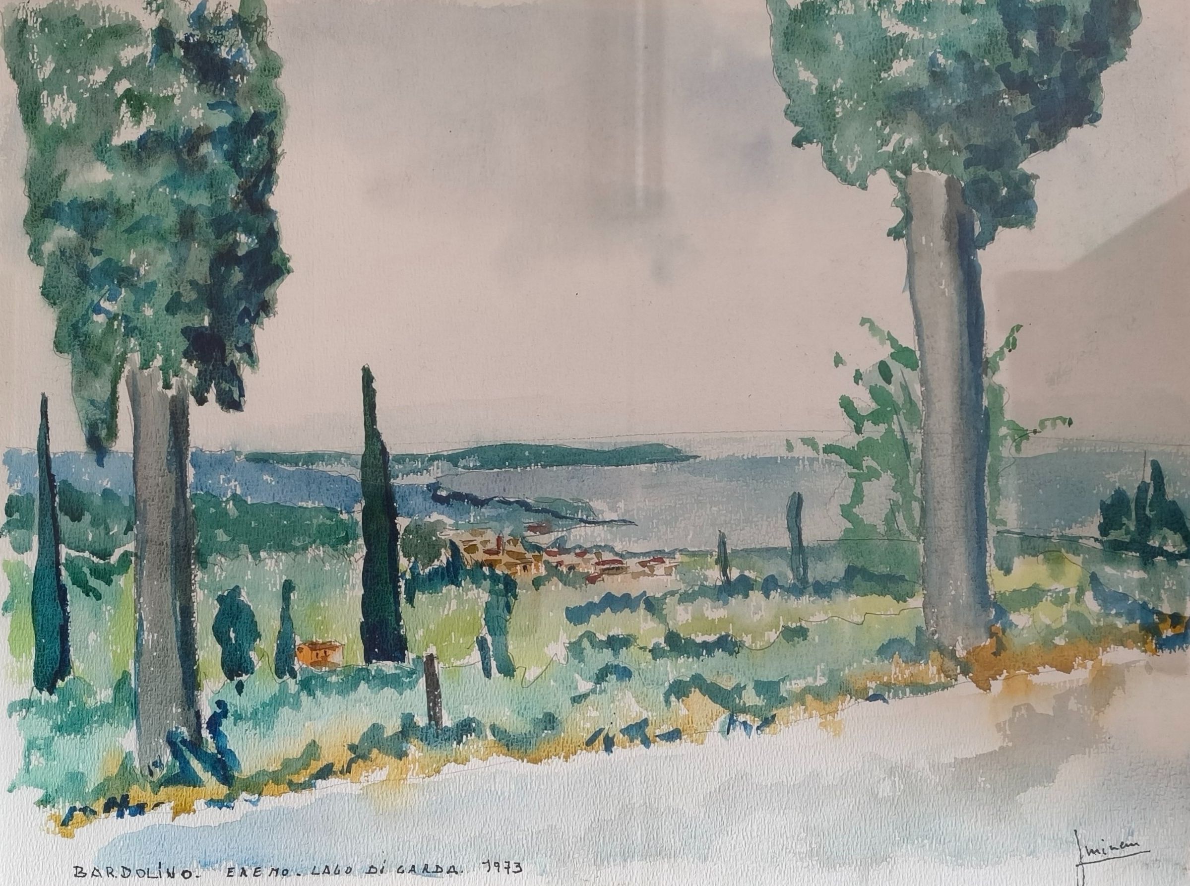 Jules MINEUR. Le Lac de Garde. Aquarelle sur papier signée en bas à droite et daté 1973. Haut. : 35 cm. Larg. : 48 cm.
