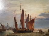 a painting of a boat on the water with other boats in the background