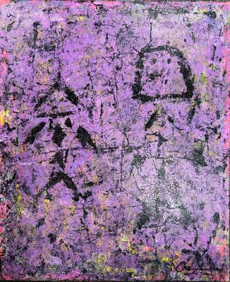 une peinture abstraite représentant un homme et une femme sur un fond violet