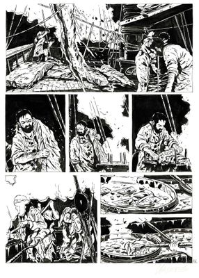 une image en noir et blanc tirée d'une bande dessinée, représentant un homme sur un bateau
