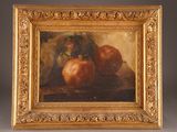 painting of a still life of apples and onions in a gold frame
