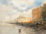 painting of a painting of a boat on a river with buildings in the background