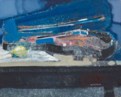 un tableau représentant un violon et un fruit posés sur une table