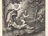 a black and white drawing of a man and a woman in the woods