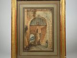 an old picture of a painting in a gold frame on a white surface