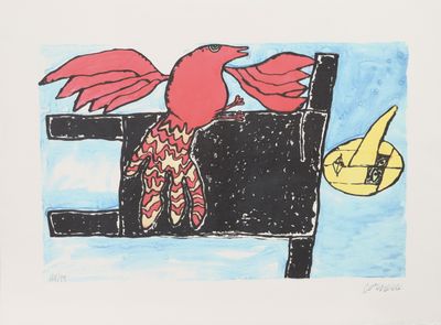 painting of a red bird sitting on a chair with its wings spread out