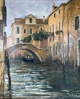a painting of a boat going under a bridge in the water