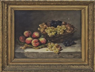 painting of a basket of fruit on a table with grapes and peaches
