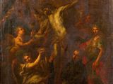 a painting of jesus on the cross surrounded by angels