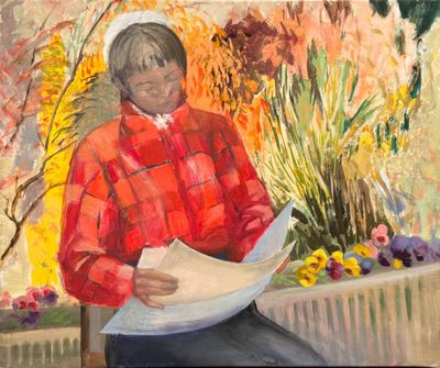 un tableau représentant une femme assise sur un banc en train de lire un journal