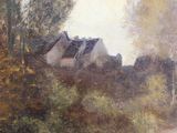 a painting of a house on the side of a hill