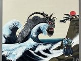 an image of a painting of a dragon on a wave with a man standing in front of it
