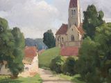 an oil painting of a church on a hill with a road in front of it