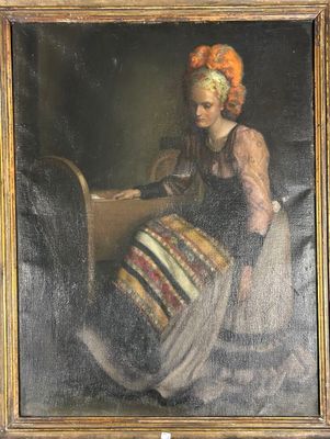 une peinture à l'huile représentant une femme assise à un bureau dans une pièce