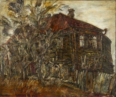 tableau représentant une vieille maison avec un toit rouge et une clôture
