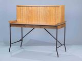 a small desk with a wooden top and metal legs