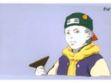 cartoon of a man in a green hat and yellow scarf holding a brown piece of paper