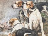 painting of a group of dogs in a wooded area by a stream