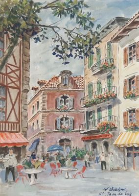a painting of a street scene with people walking on the sidewalk