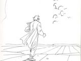drawing of a man on a skateboard with birds flying in the background