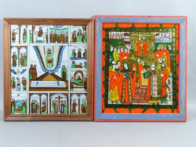 deux tableaux encadrés représentant un homme et une femme dans un temple