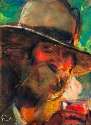 une peinture à l'huile représentant un homme coiffé d'un chapeau, tenant un verre de vin