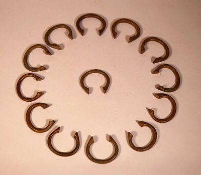 a lot of horseshoes arranged in a circle on a table