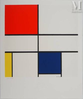 un tableau composé de carrés rouges, jaunes, bleus et noirs sur fond blanc