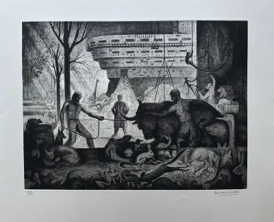black and white drawing of a group of animals in a forest