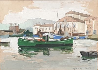 un tableau représentant un bateau vert sur l'eau
