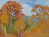 an image of a painting of trees in a field with a sky background